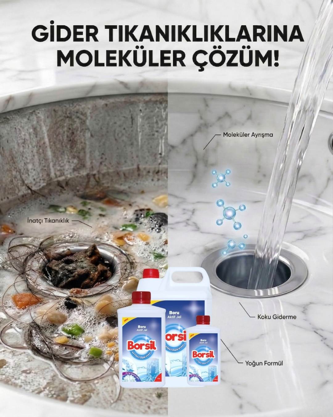 Borsil Boru Aktif Jel Lavabo Ve Gider Açıcı Nano Teknoloji Koku Giderici Yoğun Formül