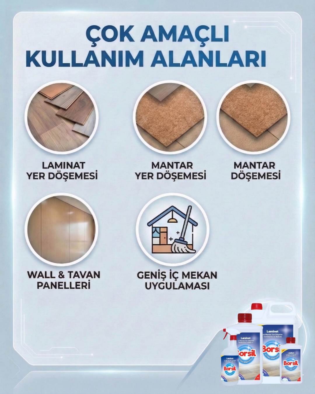Borsil Laminat Ve Mantar Yer Döşemesi Temizleyici Parlatıcı Etkili Nano Teknoloji Panel Bakımı