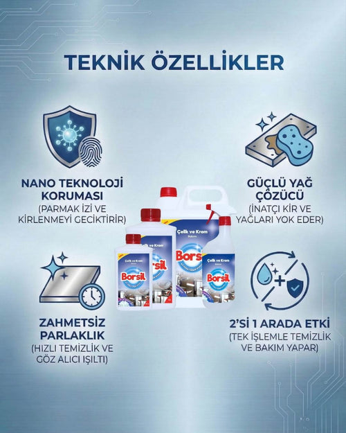 Borsil Çelik Ve Krom Temizleyici Yağ Çözücü Kir Leke Yok Edici Parlatıcı Bakım