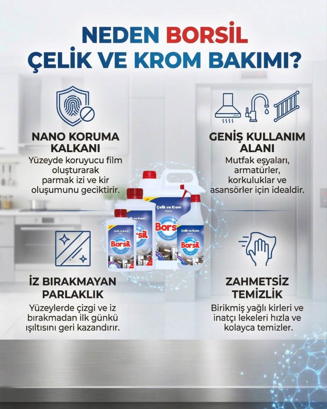 Borsil Çelik Ve Krom Temizleyici Yağ Çözücü Kir Leke Yok Edici Parlatıcı Bakım