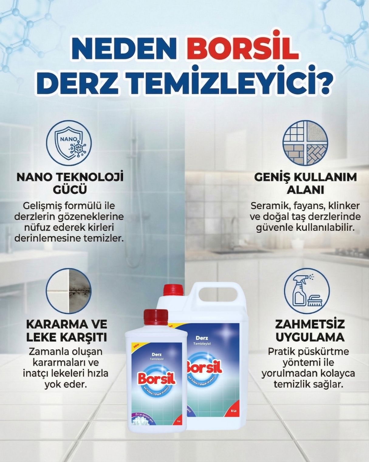 Borsil Derz Temizleyici Seramik Ve Fayans Arası Leke Sökücü Nano Teknoloji Derinlemesine Temizlik