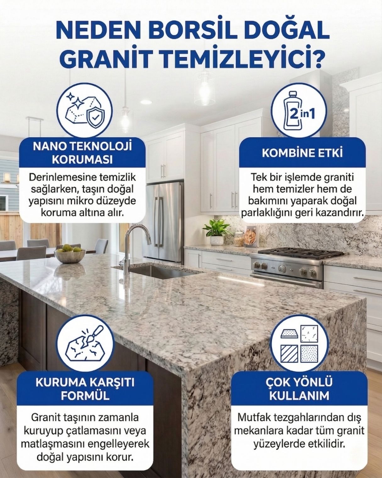 Borsil Doğal Granit Temizleyici Ve Bakımı Parlatıcı Etkili Leke Önleyici Derinlemesine Temizlik