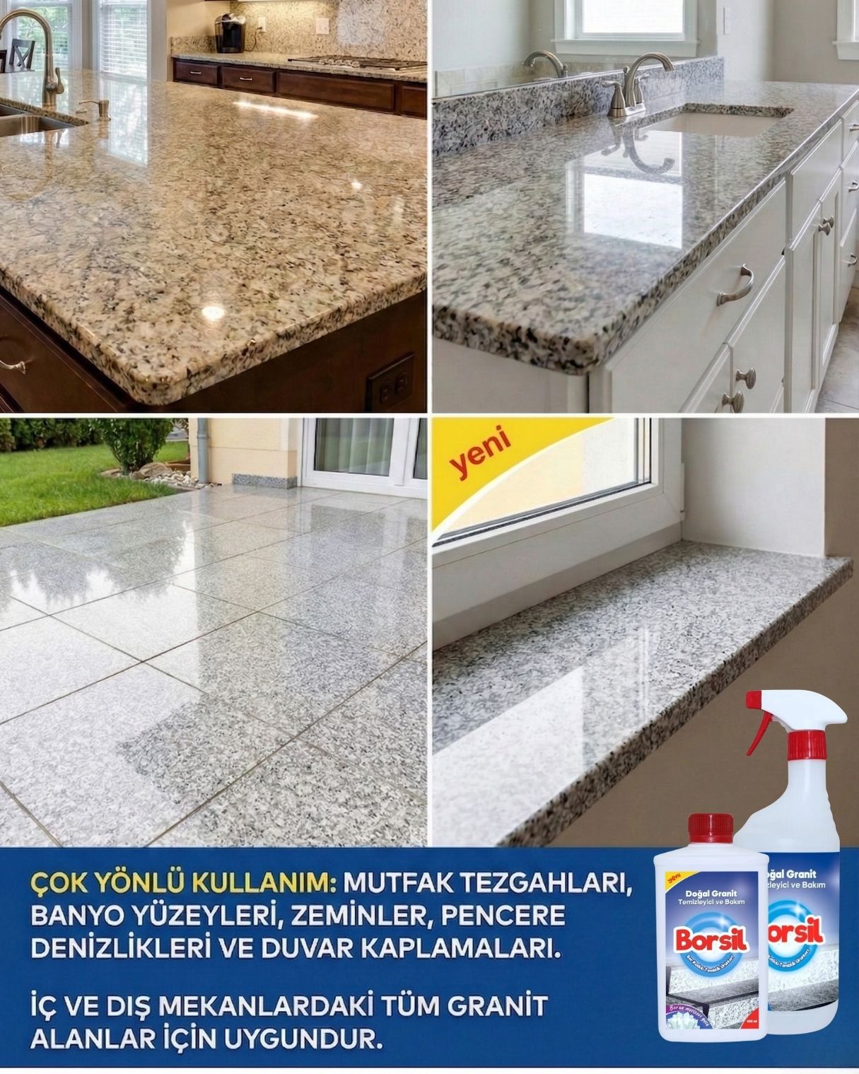 Borsil Doğal Granit Temizleyici Ve Bakımı Parlatıcı Etkili Leke Önleyici Derinlemesine Temizlik