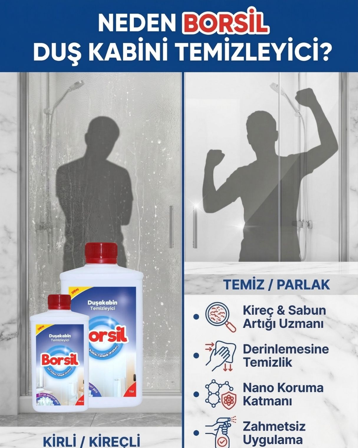 Borsil Duş Kabini Temizleyici  Kireç Ve Sabun Artığı Sökücü Nano Teknoloji Su Kaydırıcı Etkili