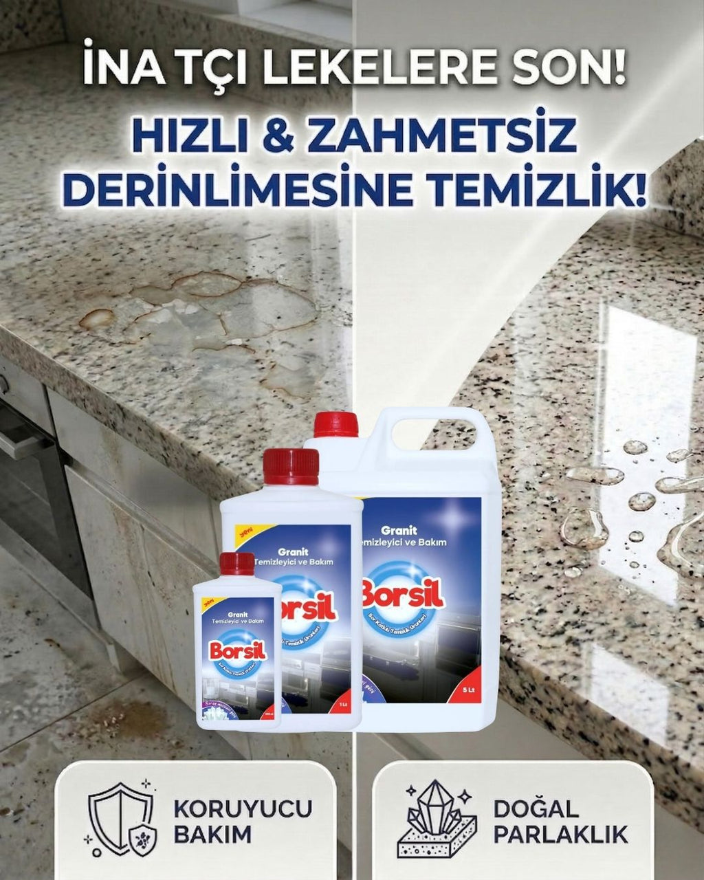 Borsil Granit Temizleyici Ve Bakımı Doğal Taş Parlatıcı Nano Teknoloji Koruyucu Bakım Sütü