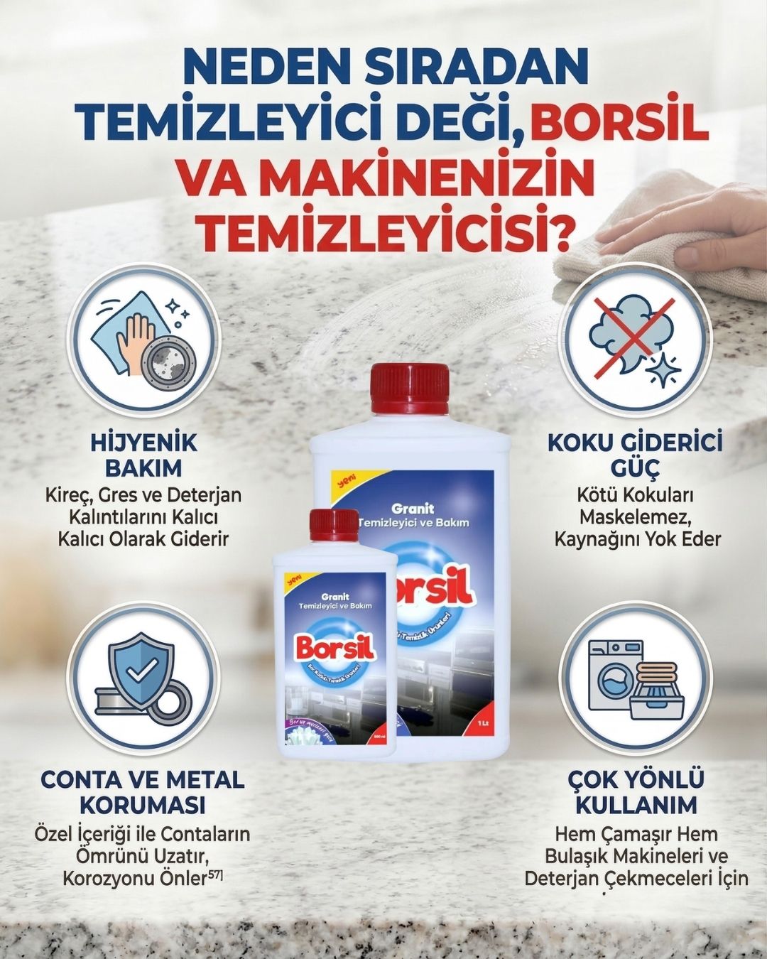 Borsil Granit Temizleyici Ve Bakımı Doğal Taş Parlatıcı Nano Teknoloji Koruyucu Bakım Sütü