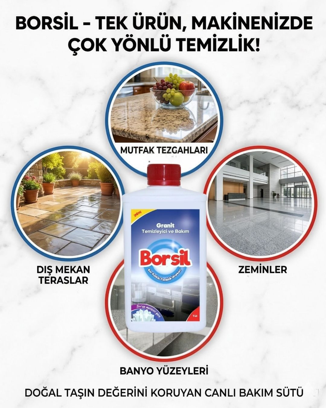Borsil Granit Temizleyici Ve Bakımı Doğal Taş Parlatıcı Nano Teknoloji Koruyucu Bakım Sütü
