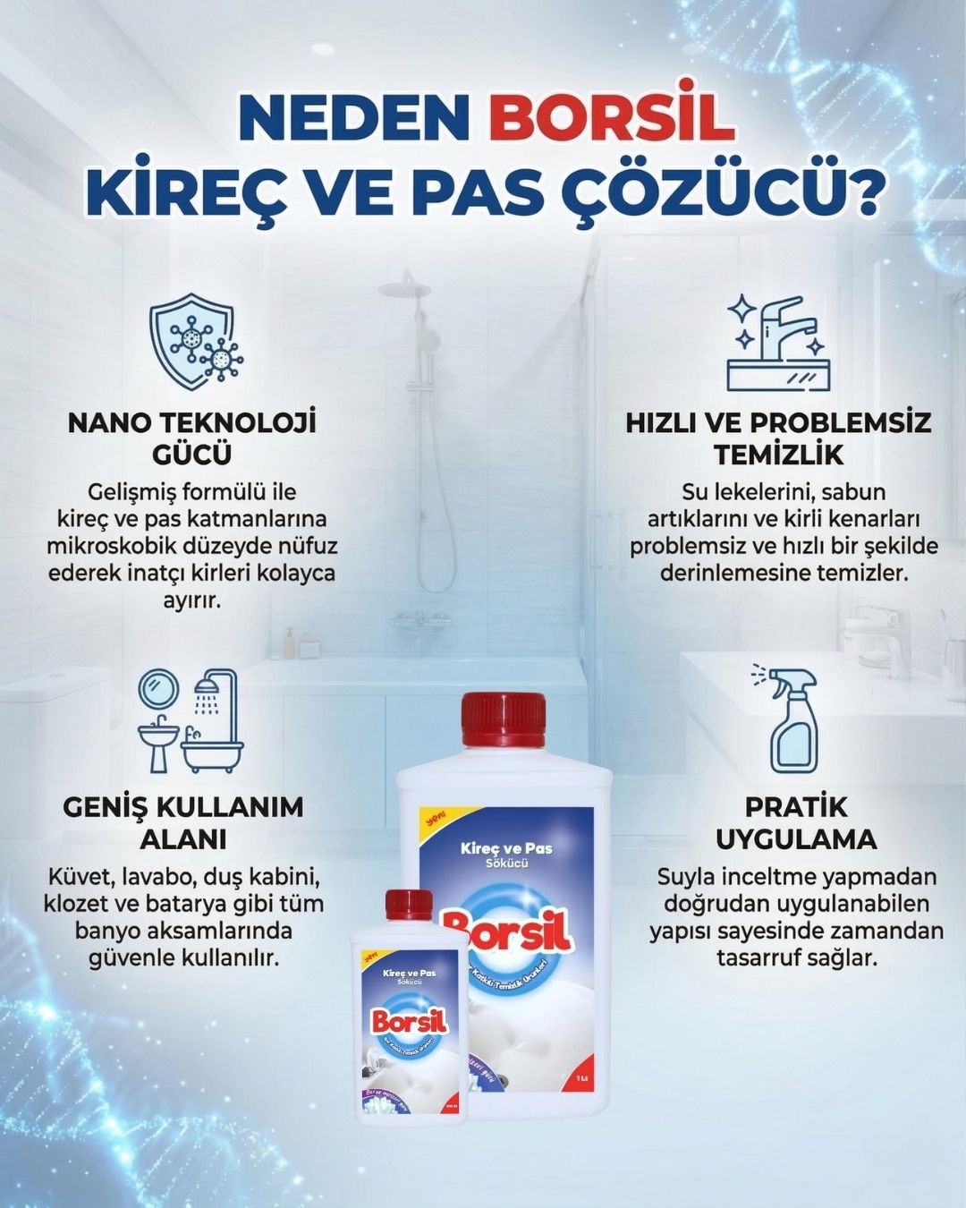 Borsil Kireç Ve Pas Çözücü Banyo Ve Musluk Parlatıcı Nano Teknoloji Derinlemesine Temizlik