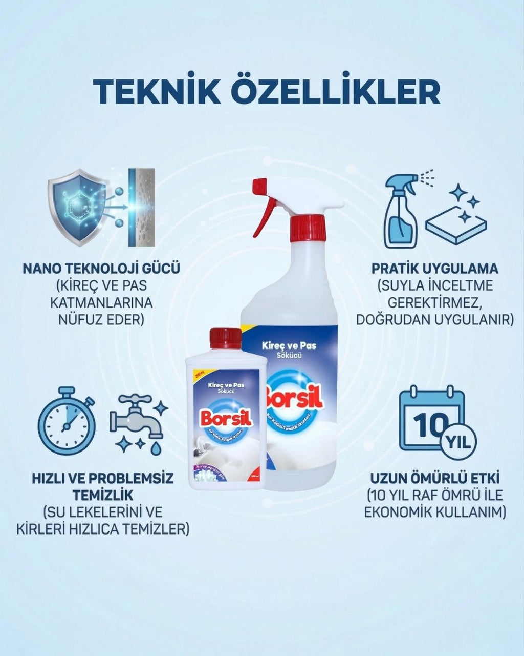 Borsil Kireç Ve Pas Çözücü Banyo Ve Musluk Parlatıcı Nano Teknoloji Derinlemesine Temizlik