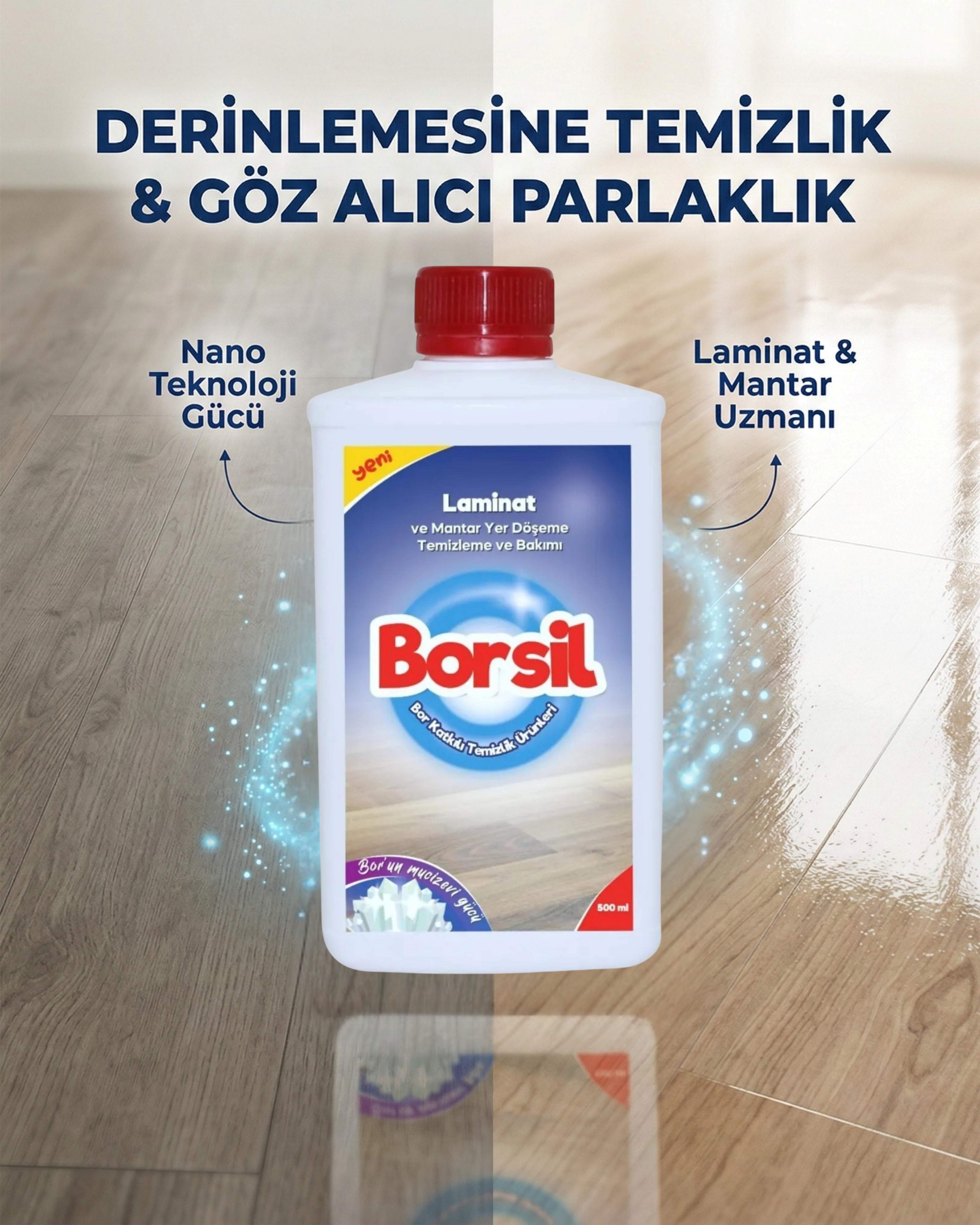 Borsil Laminat Ve Mantar Yer Döşemesi Temizleyici 500 ML Parlatıcı Etkili Nano Teknoloji Panel Bakımı