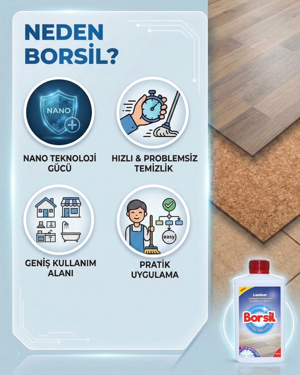 Borsil Laminat Ve Mantar Yer Döşemesi Temizleyici 500 ML Parlatıcı Etkili Nano Teknoloji Panel Bakımı
