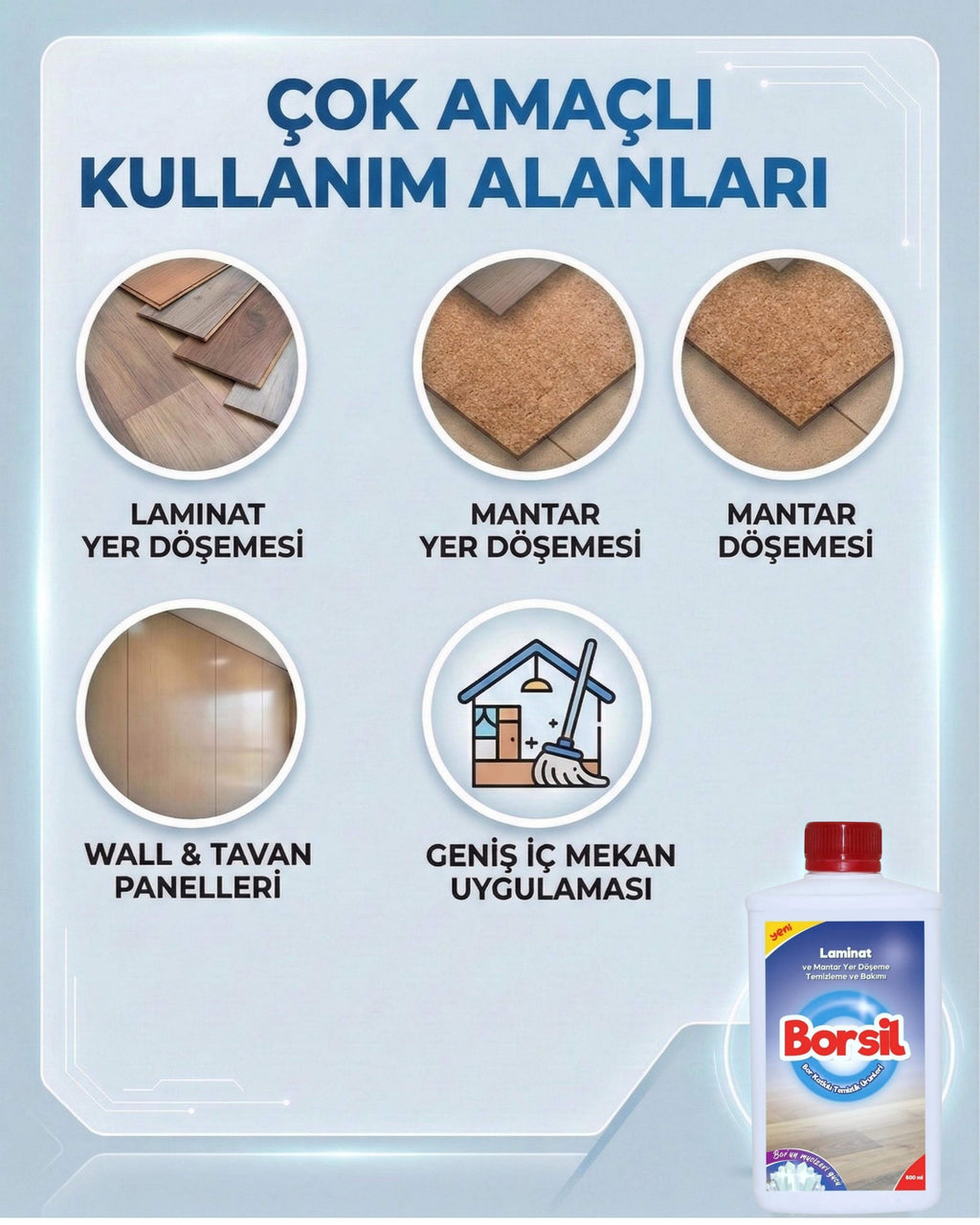 Borsil Laminat Ve Mantar Yer Döşemesi Temizleyici 500 ML Parlatıcı Etkili Nano Teknoloji Panel Bakımı