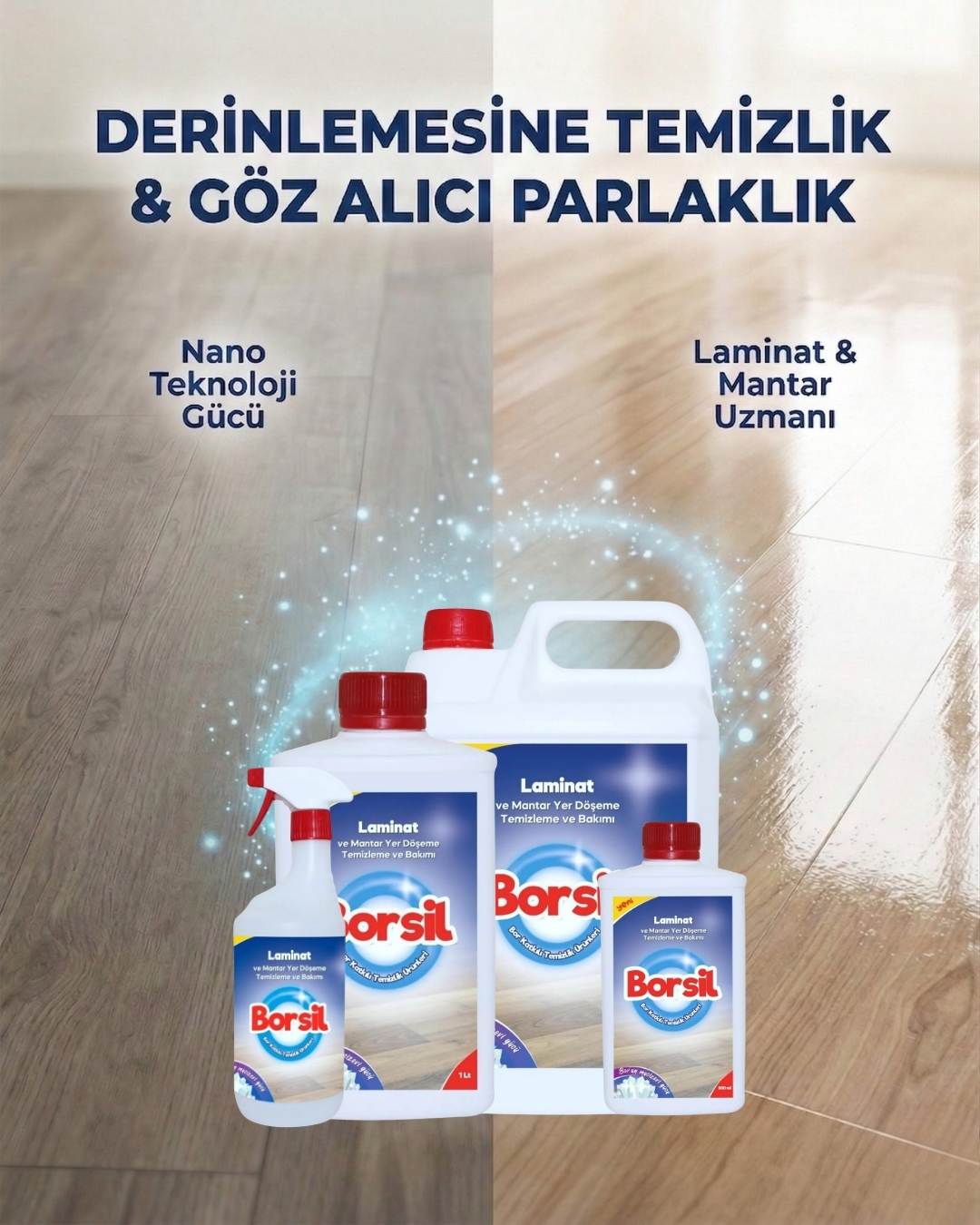Borsil Laminat Ve Mantar Yer Döşemesi Temizleyici Parlatıcı Etkili Nano Teknoloji Panel Bakımı