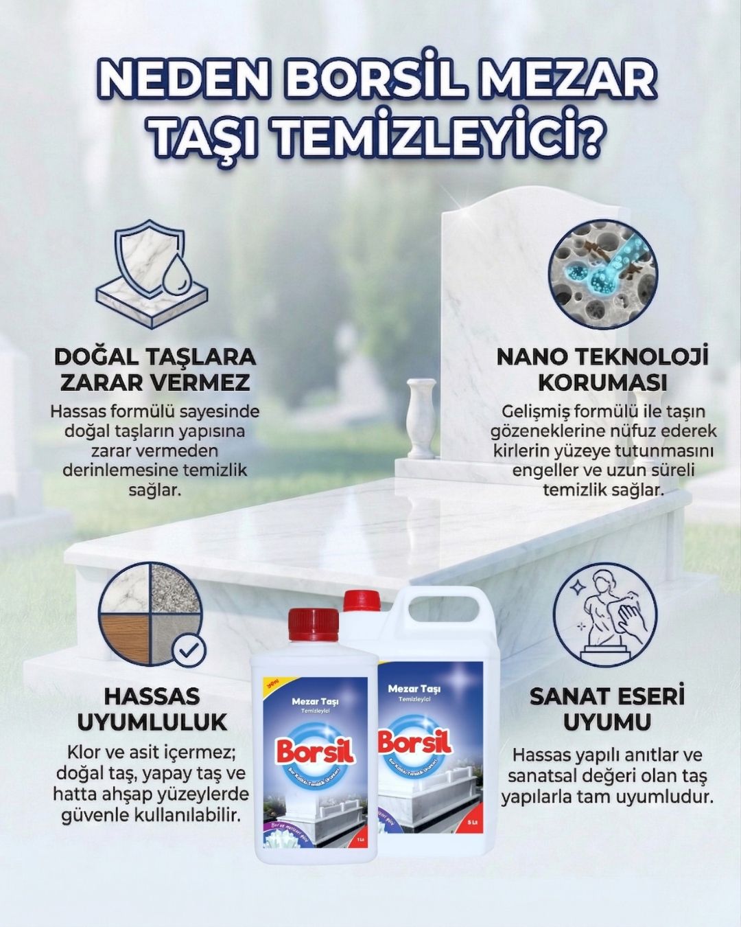Borsil Mezar Taşı Ve Anıt Temizleyici Yoğun Etkili Leke Sökücü Doğal Taş Koruyucu